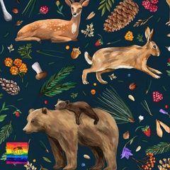 digital image of nature calls print showing bears, antelopes, hedgehogs, squirrels in the wild with acorns, leaves and berries against a dark blue background