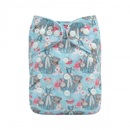 pocket nappy with light blue background and a pattern of fairytale princess style dress with a pocket watch and a top hat