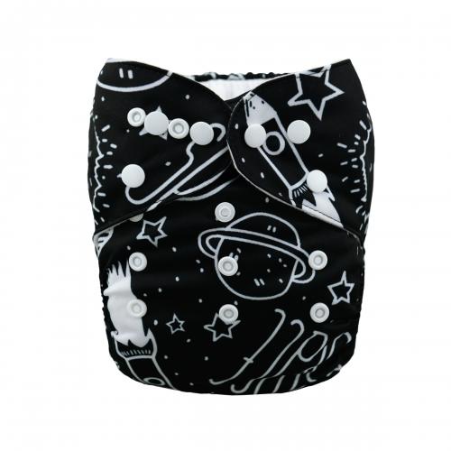 Black pocket nappy with white outline drawings of rockets and planets and the word space