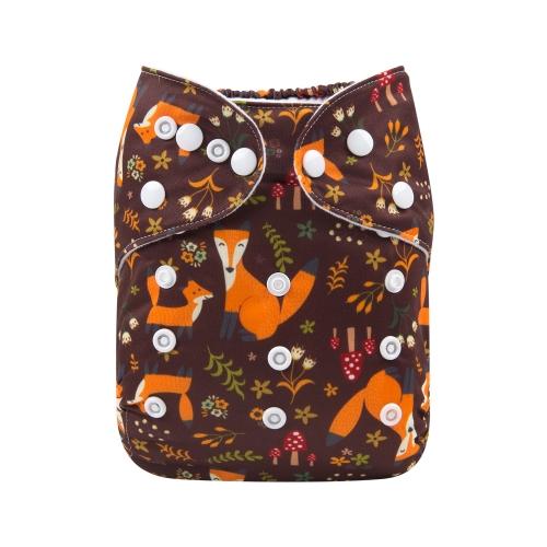 Brown pocket nappy with orange foxes and woodland flowers and fungi