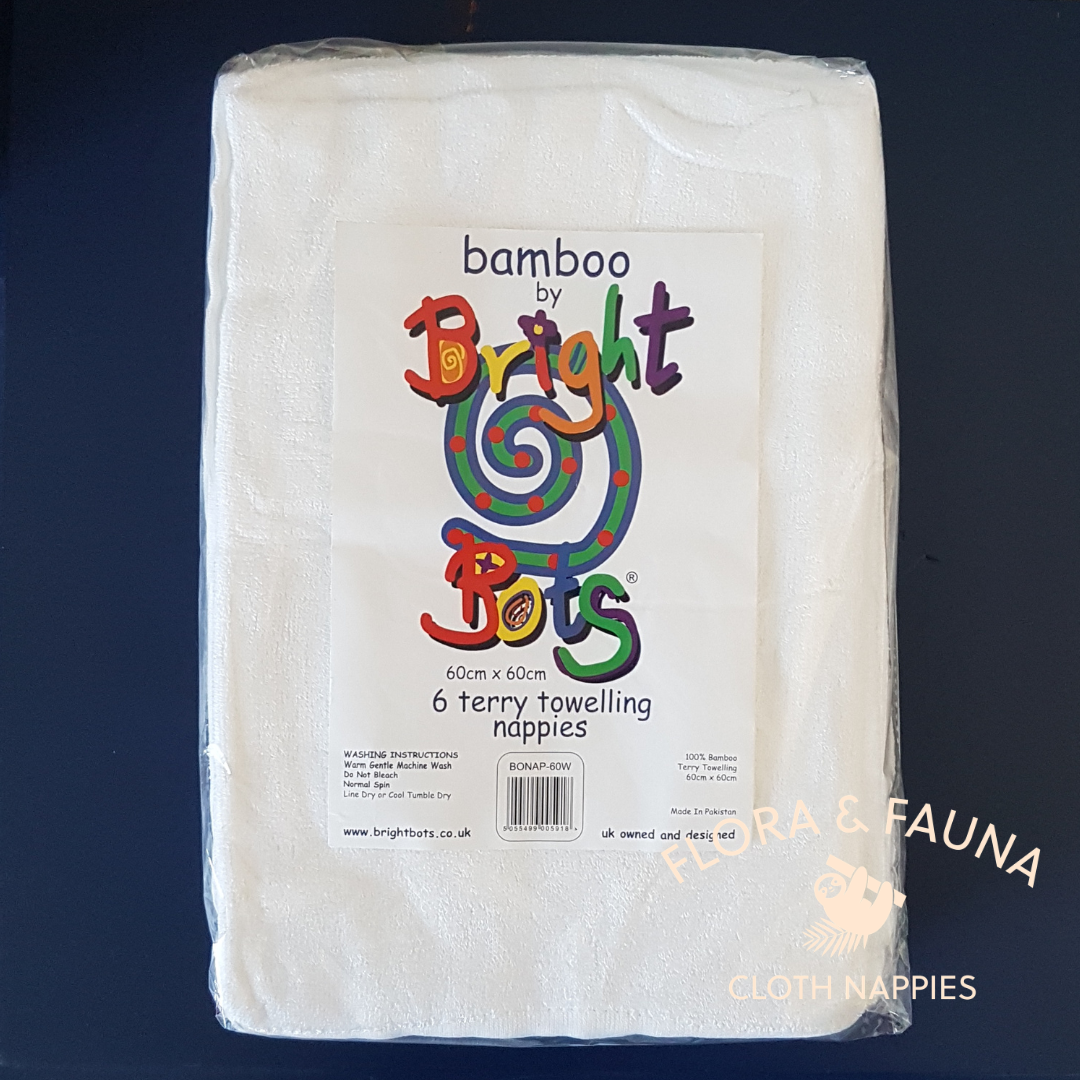 Packet of 6 white bamboo terry nappies with Bright Bots branding