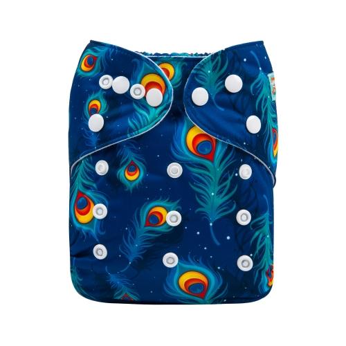 Dark Blue background pocket nappy with peacock feathers front view