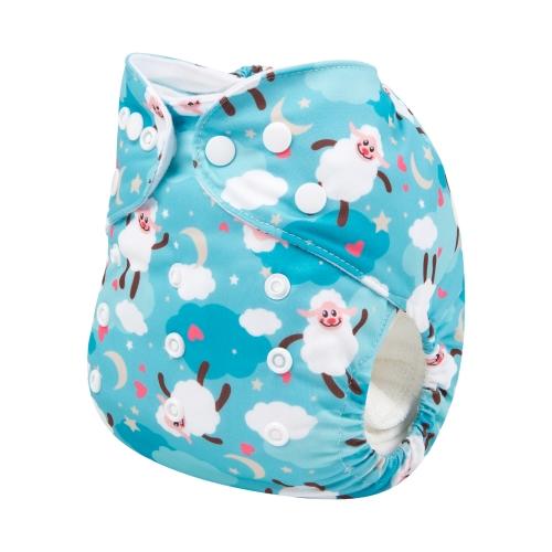 Blue background pocket nappy with falling sheep, stars, moons and hearts side view