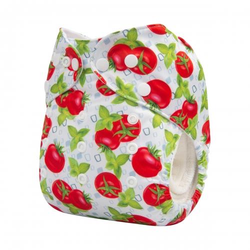White background tomatoes and basil print pocket nappy side view