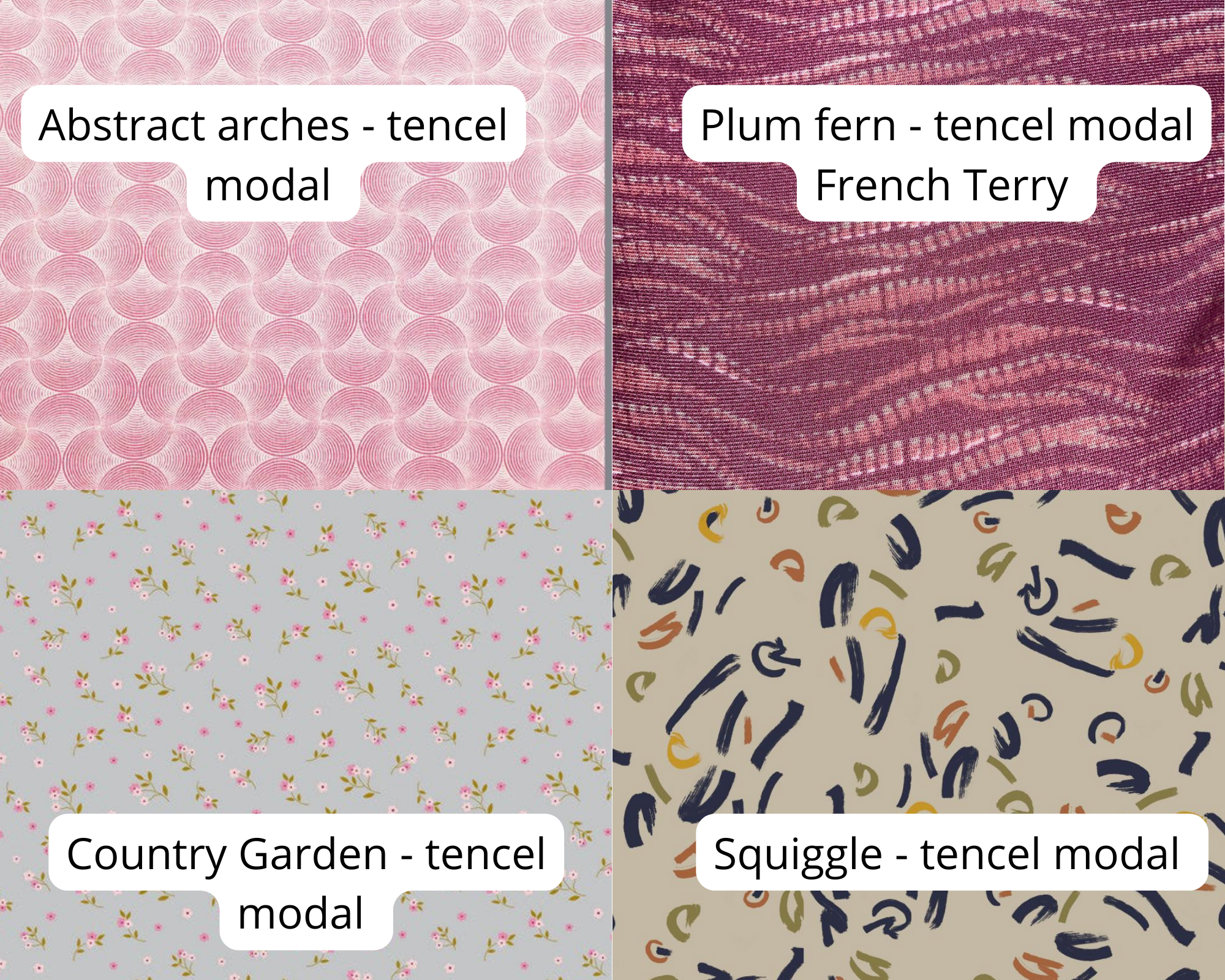 A collage of fabric patterns with the names over laid