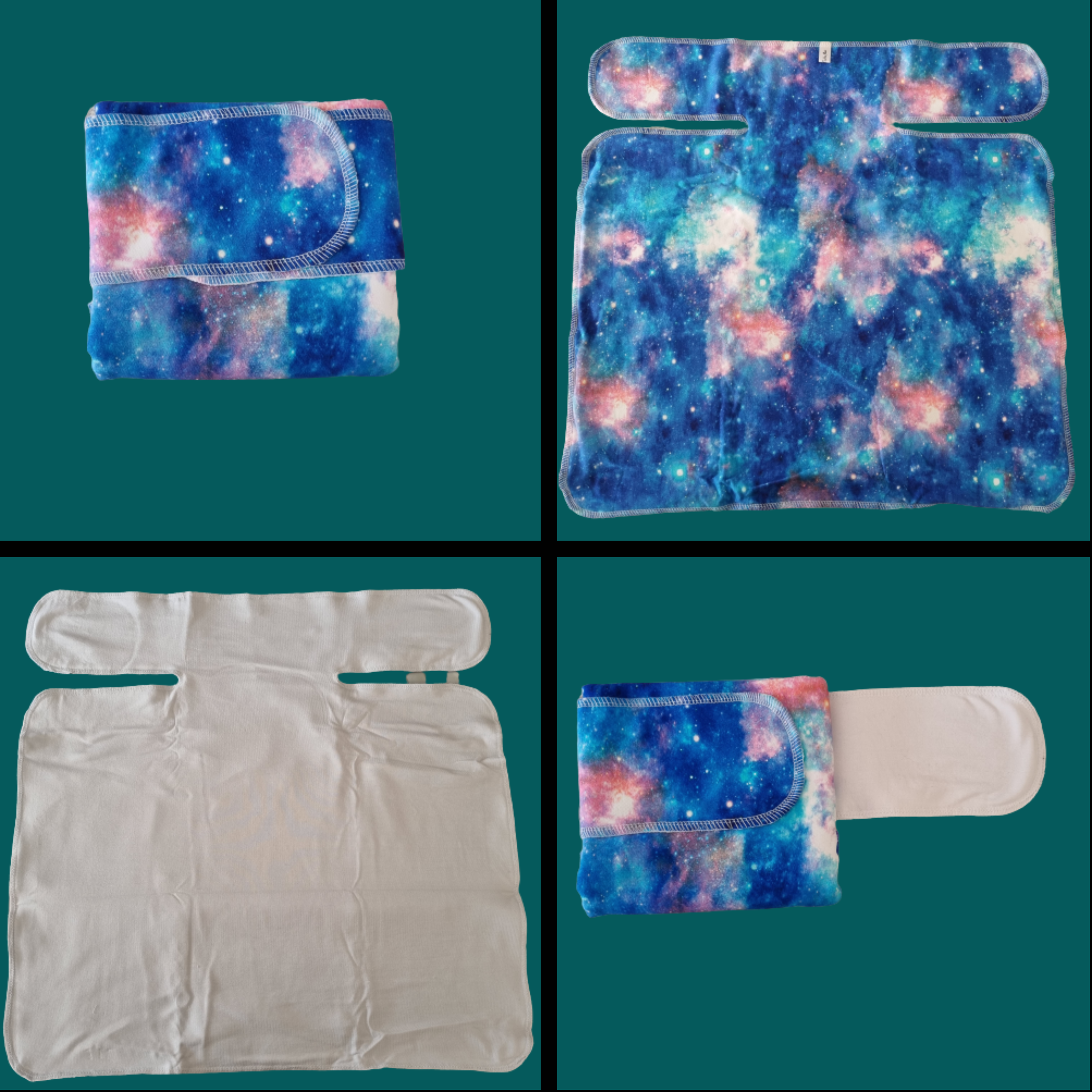 collage of preflat nappies with a cosmic galaxy pattern in blues with elements of pink
