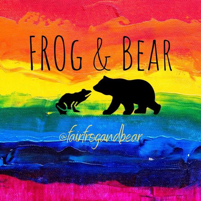 Frog and Bear company logo in multicolours with a black frog and black bear