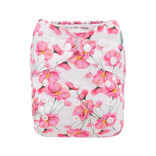 pocket nappy with white background and a pattern of pink japanese anemone flowers