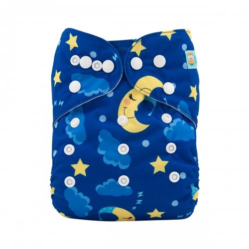 Navy blue pocket nappy with yellow moon and stars pattern