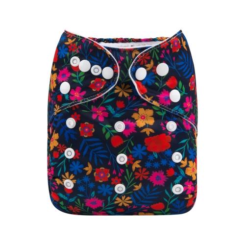 Pocket nappy with dark background and a retro feel floral pattern of red, blue, mustard and pink flowers