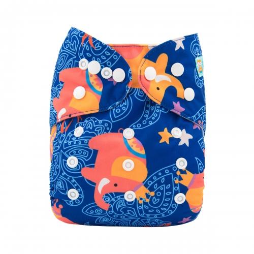 Blue pocket nappy with orange Indian style elephants wearing crowns front view