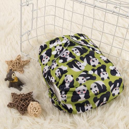 Green pocket nappy with panda bears pattern in a white basket