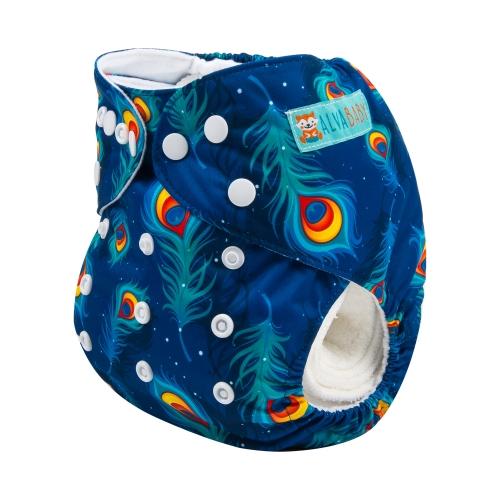 Dark Blue background pocket nappy with peacock feathers  side view