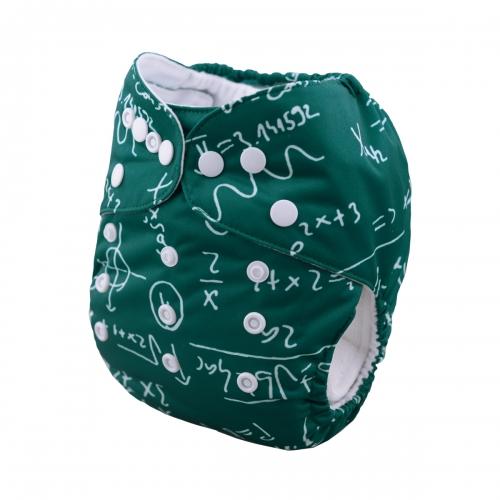 dark green background pocket nappy with light green equation scribbles  laid out flat