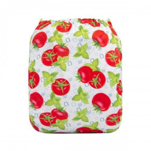 White background tomatoes and basil print pocket nappy rear view