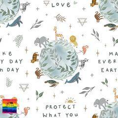 digital image of the every day earth day print with an earth being walked around by various animals including lion, bear, elephant, whale, fish, snail
