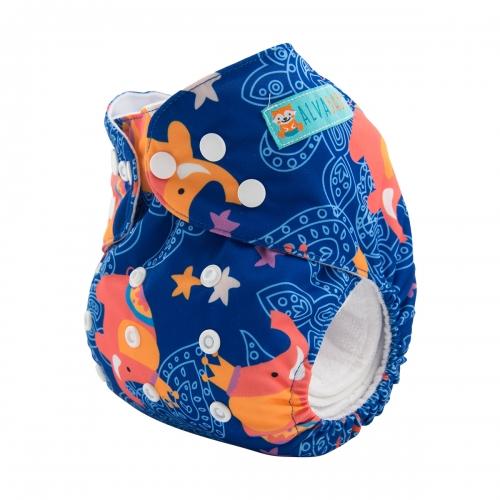 Blue pocket nappy with orange Indian style elephants wearing crowns side view