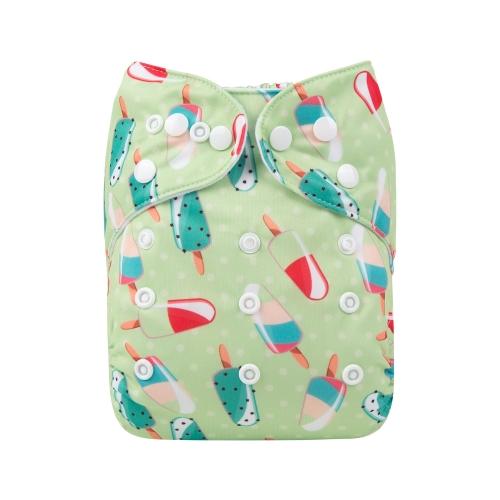 Light green pocket nappy with multicoloured ice lollies pattern front view