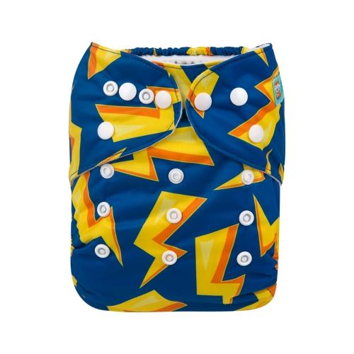 Blue pocket nappy with yellow and orange lightening bolts front view