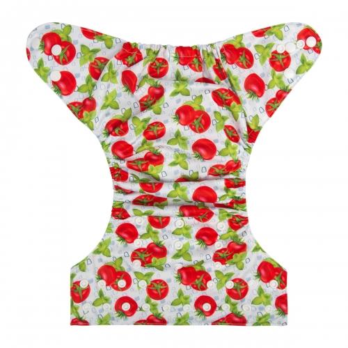 White background tomatoes and basil print pocket nappy laid flat view
