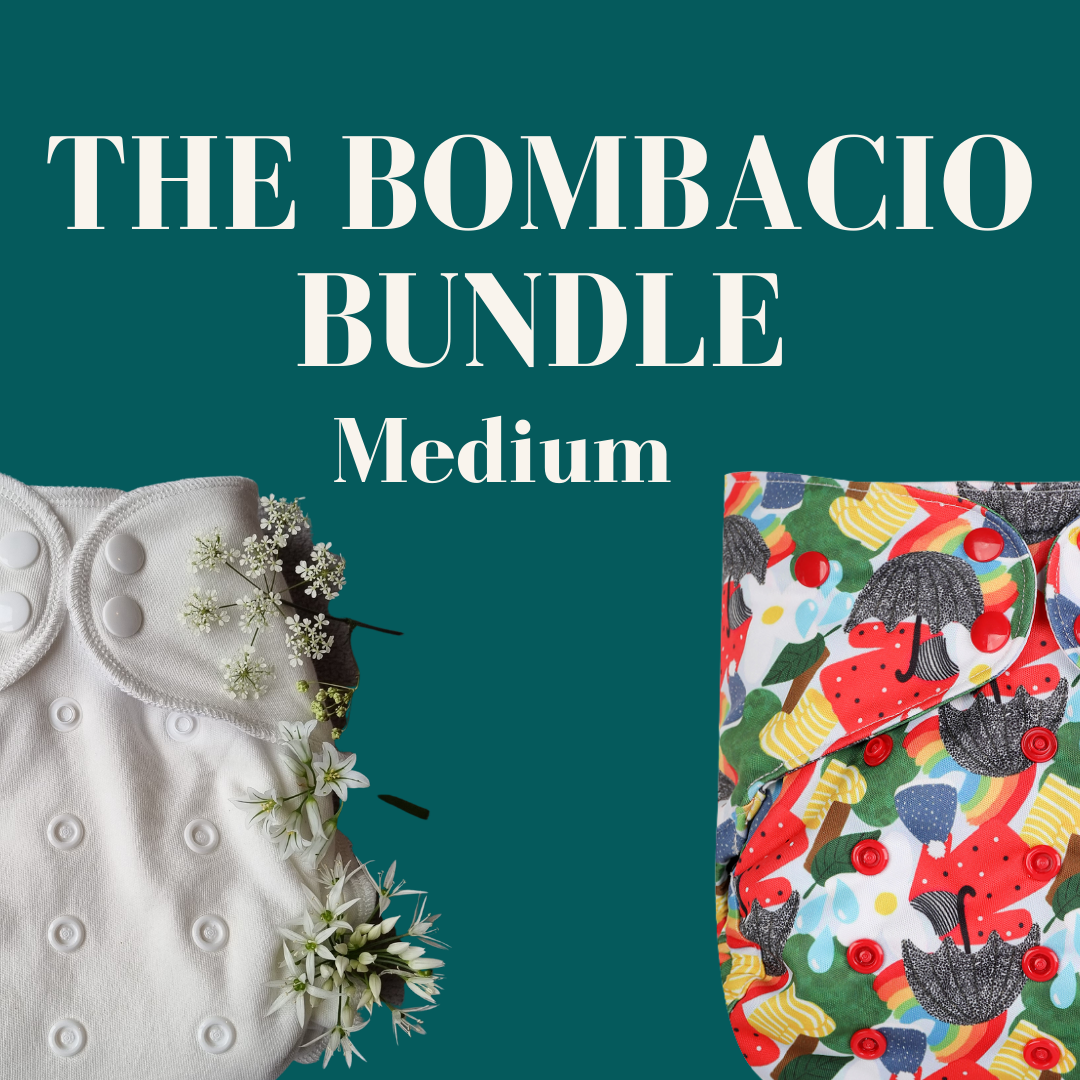 Image shows text The medium Bombacio Bundle and half a white fitted nappy and half a brightly coloured reusable nappy wrap