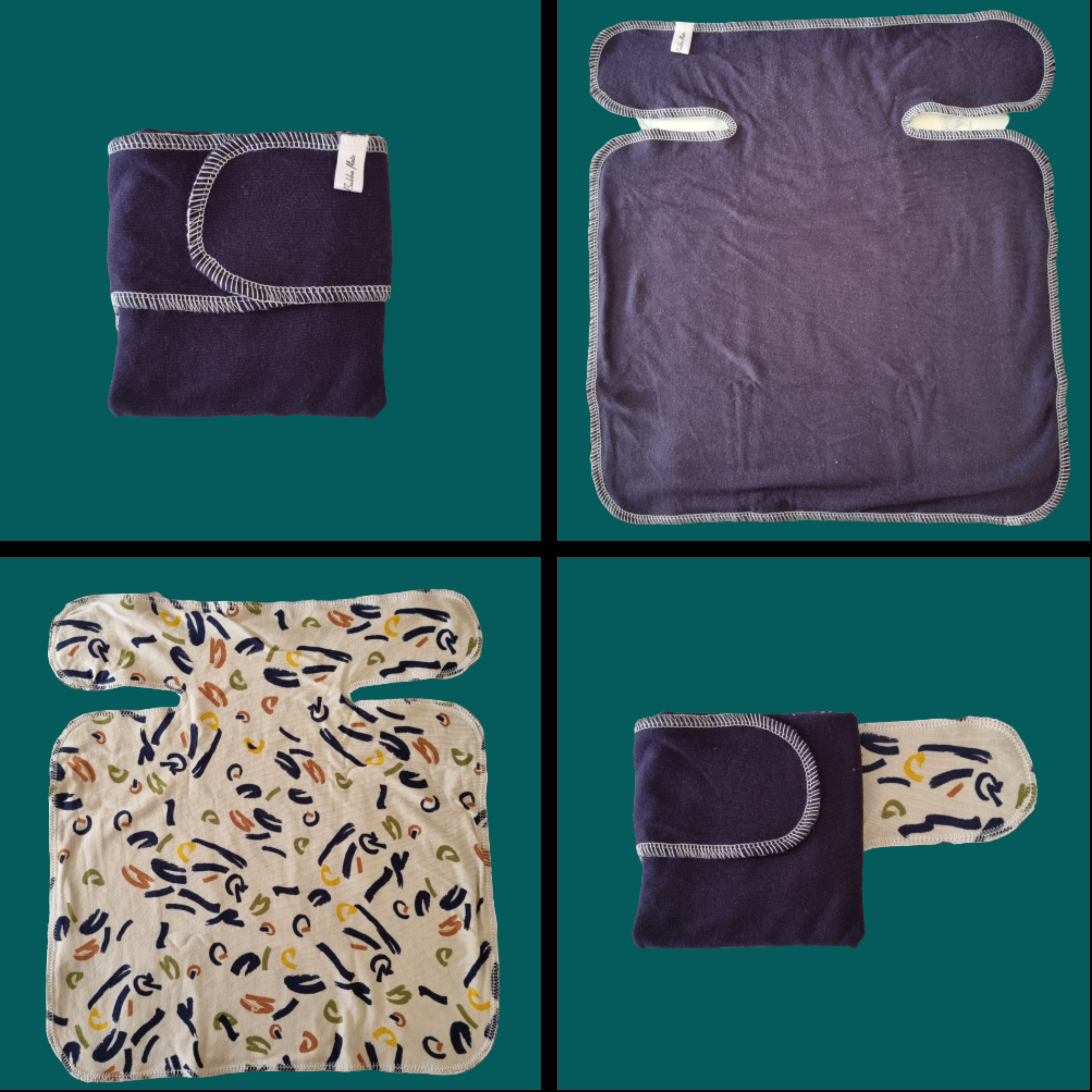 A collage of different views of a newborn size tencel preflat nappy in navy fabric with squiggle pattern on the reverse.