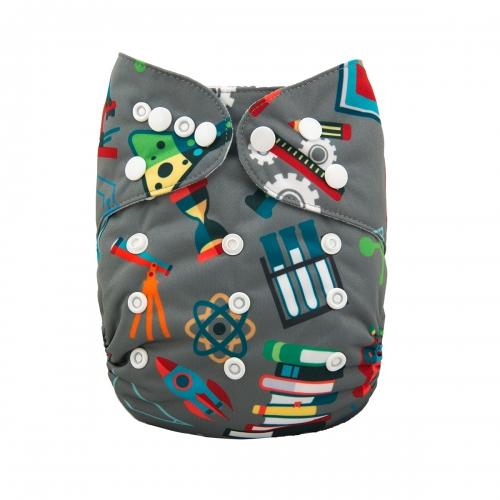 Grey pocket nappy with images of stack of books, tripods, pencils, conical flasks, binoculars