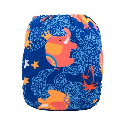 Blue pocket nappy with orange Indian style elephants wearing crowns back view