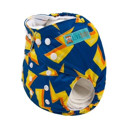 Blue pocket nappy with yellow and orange lightening bolts side view