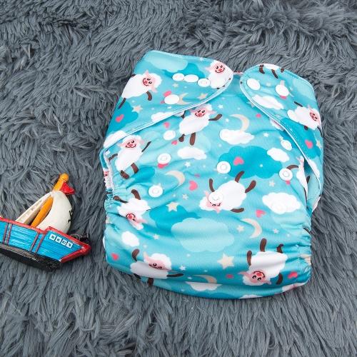 Blue background pocket nappy with falling sheep, stars, moons and hearts on a grey rug with a model boat
