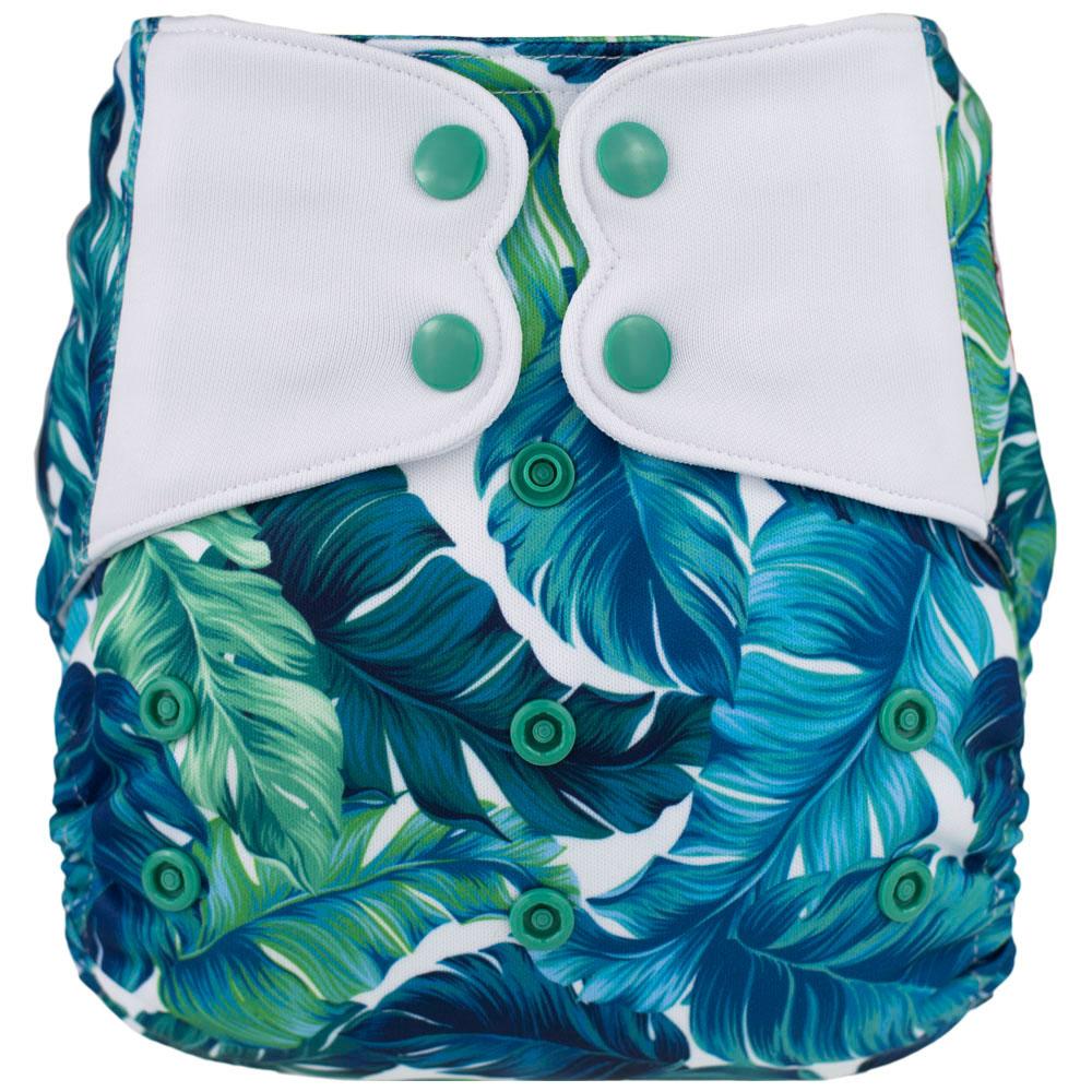 An ELF Diaper pocket nappy in frilly green leaves print with popper fastening