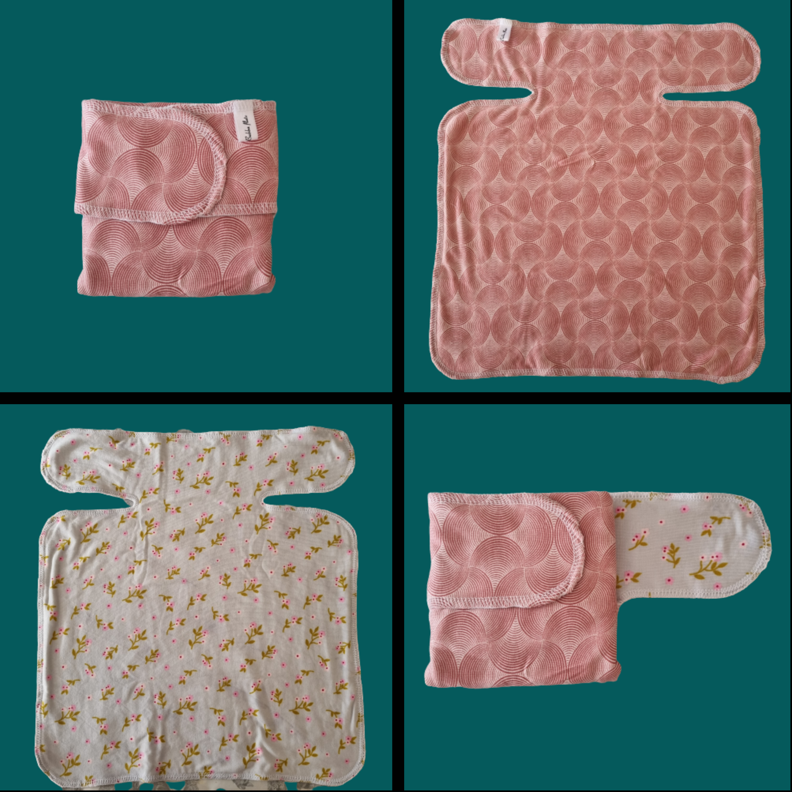 A collage of different views of a newborn size tencel preflat nappy in Abstract arches fabric and country garden on the reverse.