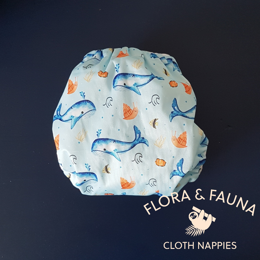 Back image of a nappy in unlikely friend print