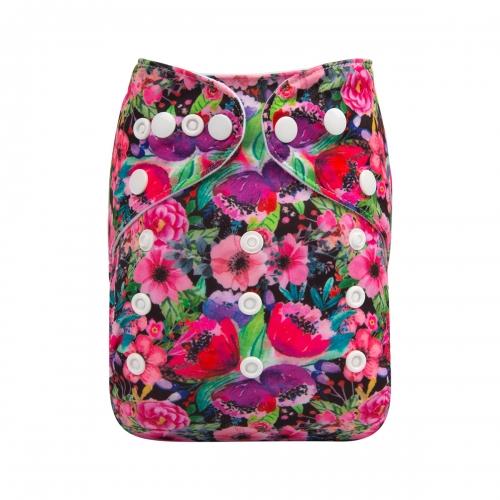 Pocket nappy with a dense pattern of pink and purple poppies and green leaves
