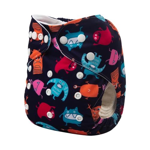 dark blue pocket nappy with blue orange and pink monsters side view