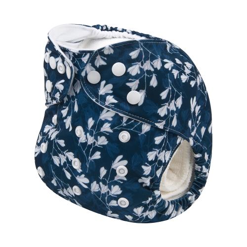 Dark blue pocket nappy with a small white magnolia shaped flowers side view