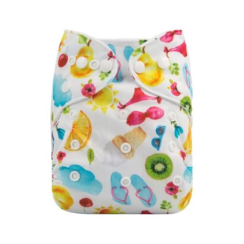pocket nappy with white background and pattern of flip flops, cherries, orange segments, ice cream cones, sunglasses, clouds and sun images pattern