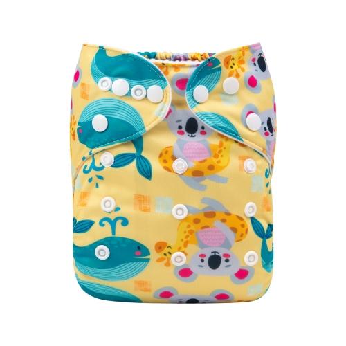 Pocket nappy with pale yellow background, koala in a giraffe shaped buoyancy aid and blue whale patters