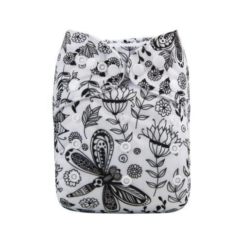 White pocket nappy with black drawings of flowers and butterflies pattern