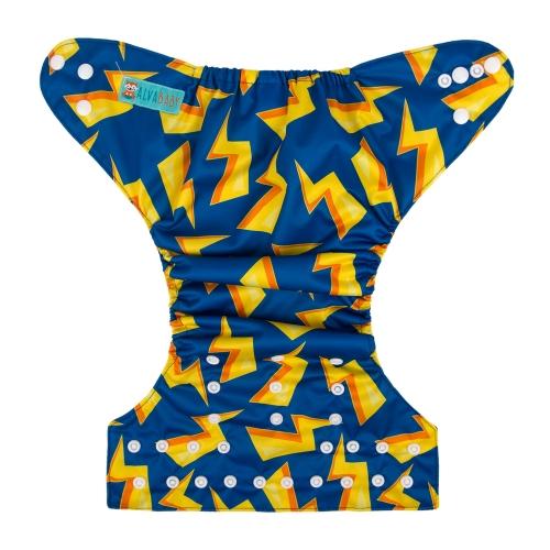 Blue pocket nappy with yellow and orange lightening bolts laid flat