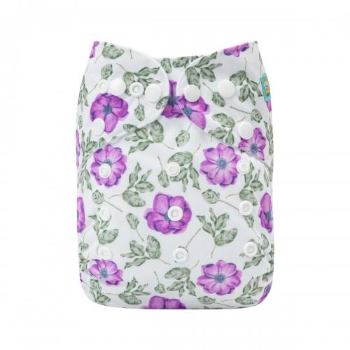 White pocket nappy with purple flowers and green leaves front view