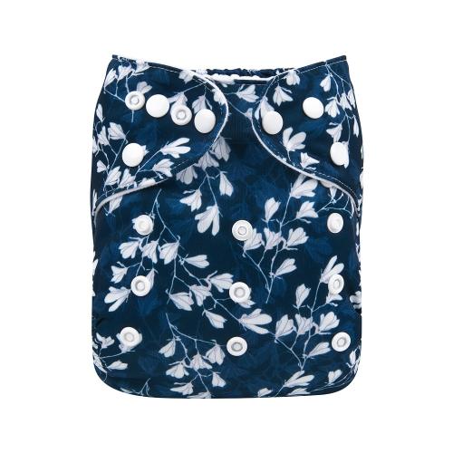 Dark blue pocket nappy with a small white magnolia shaped flowers front view