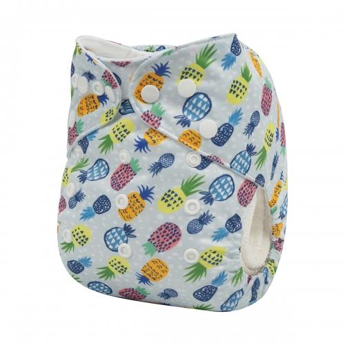 Textured grey background pocket nappy with neon pink and yellow and blue pineapples on a 45 degree angle side view