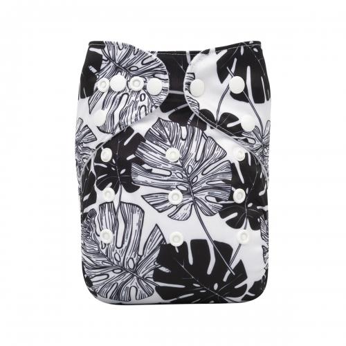 White pocket nappy with black and white monstera cheeseplant leaves pattern