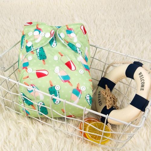 Light green pocket nappy with multicoloured ice lollies pattern in a white basket