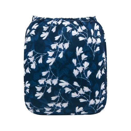 Dark blue pocket nappy with a small white magnolia shaped flowers back view