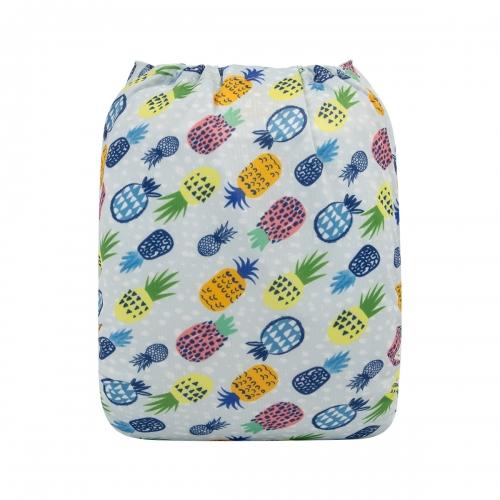 Textured grey background pocket nappy with neon pink and yellow and blue pineapples on a 45 degree angle back view