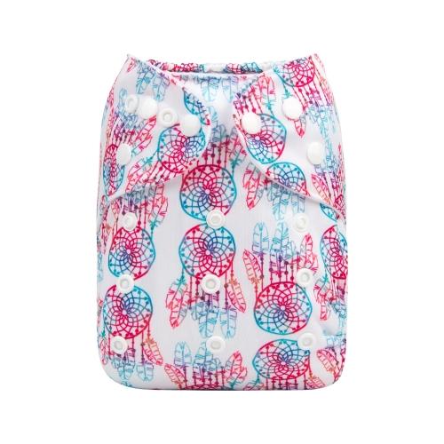 pocket nappy with white brackground and pink and blue multicoloured dreamcatchers print