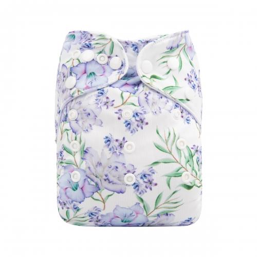White pocket nappy with pale carnations and iris style flowers with indigo and purple edges
