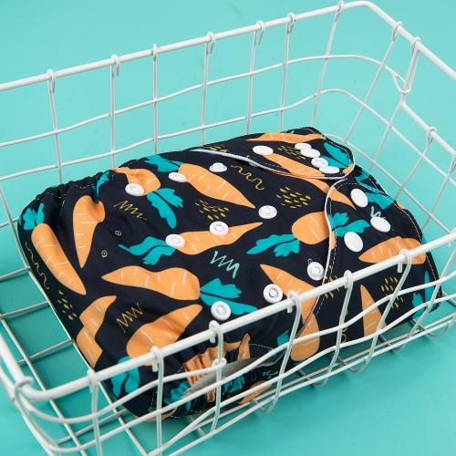 black pocket nappy with large carrots pattern in a white basket
